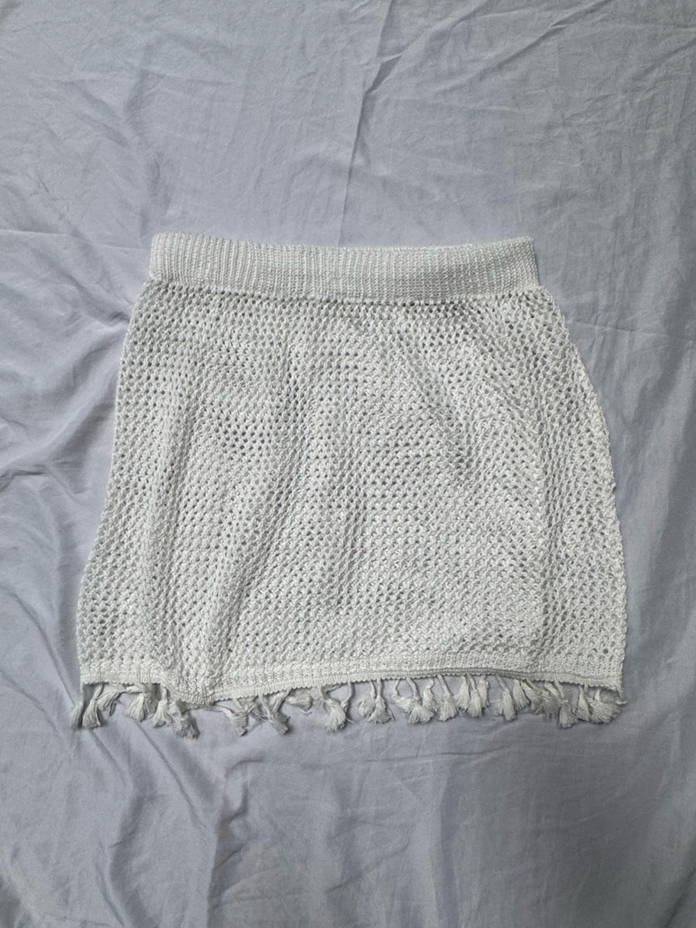 White Crochet Knit Tassel Hem Mini Skirt